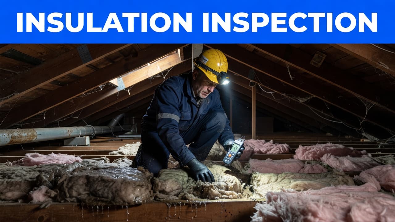 A focused inspector examines damp, discolored fiberglass insulation tucked between wooden ceiling joists. The scene is illuminated by a flashlight, highlighting moisture droplets clinging to the dark, water-damaged structural beams nearby.
