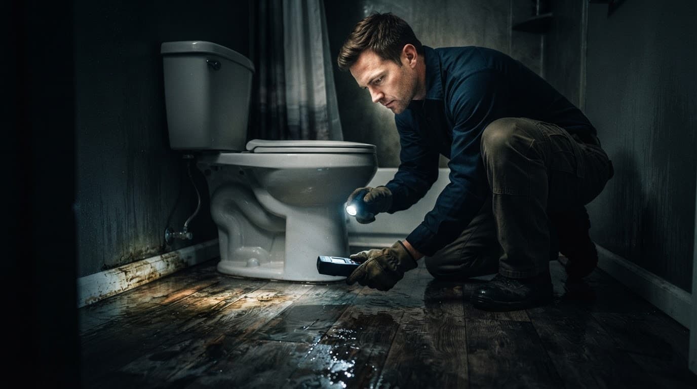 A professional inspects a bathroom floor for water damage near a toilet.