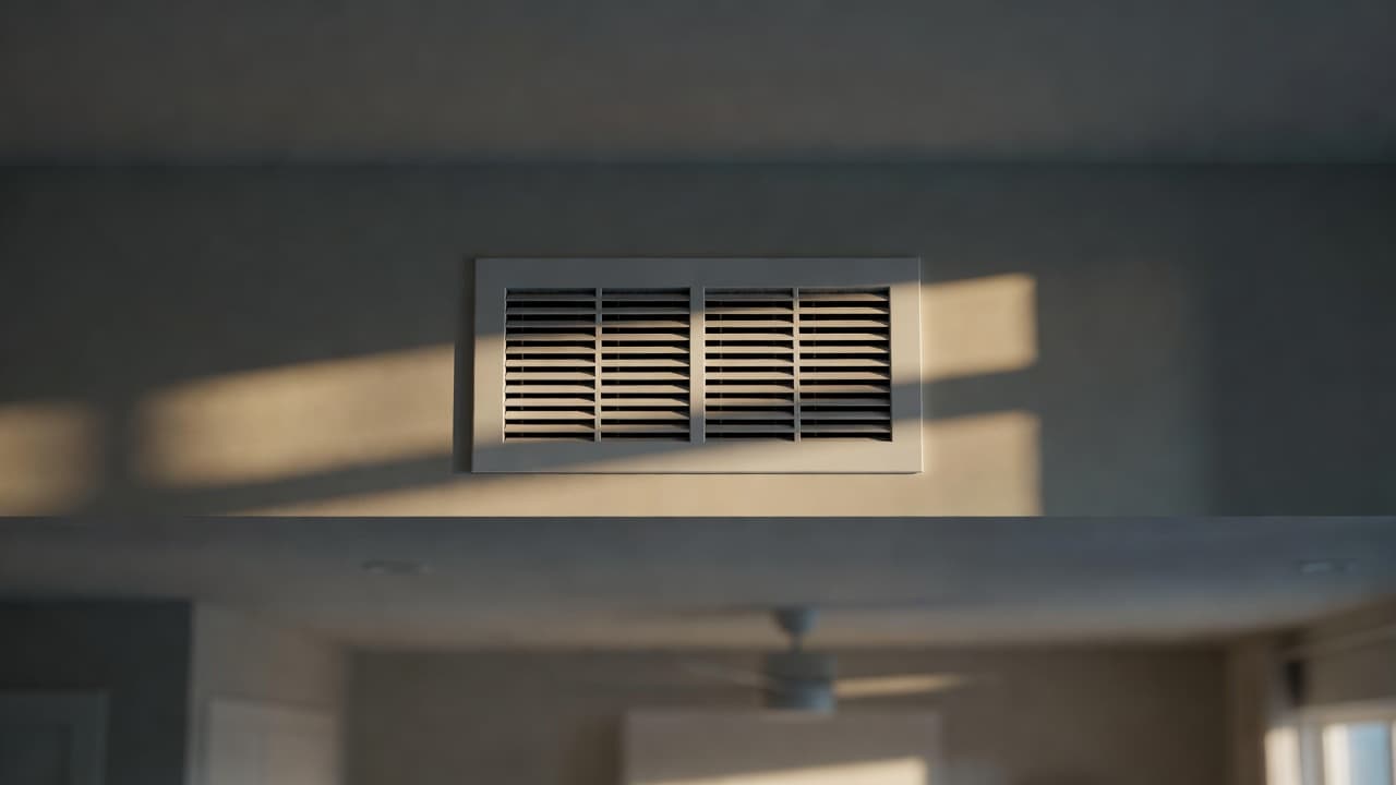 Close-up of a white ceiling air conditioning vent in a modern home.