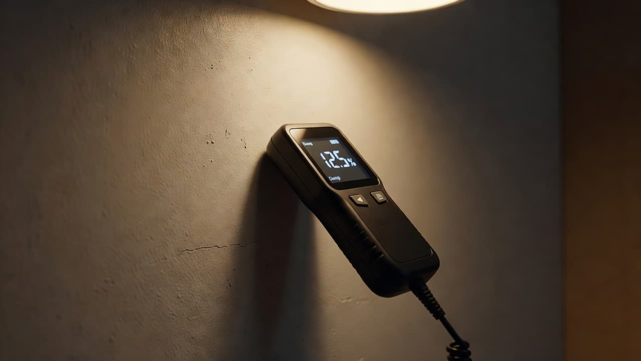 A digital moisture meter tool pressed against a residential drywall interior wall.