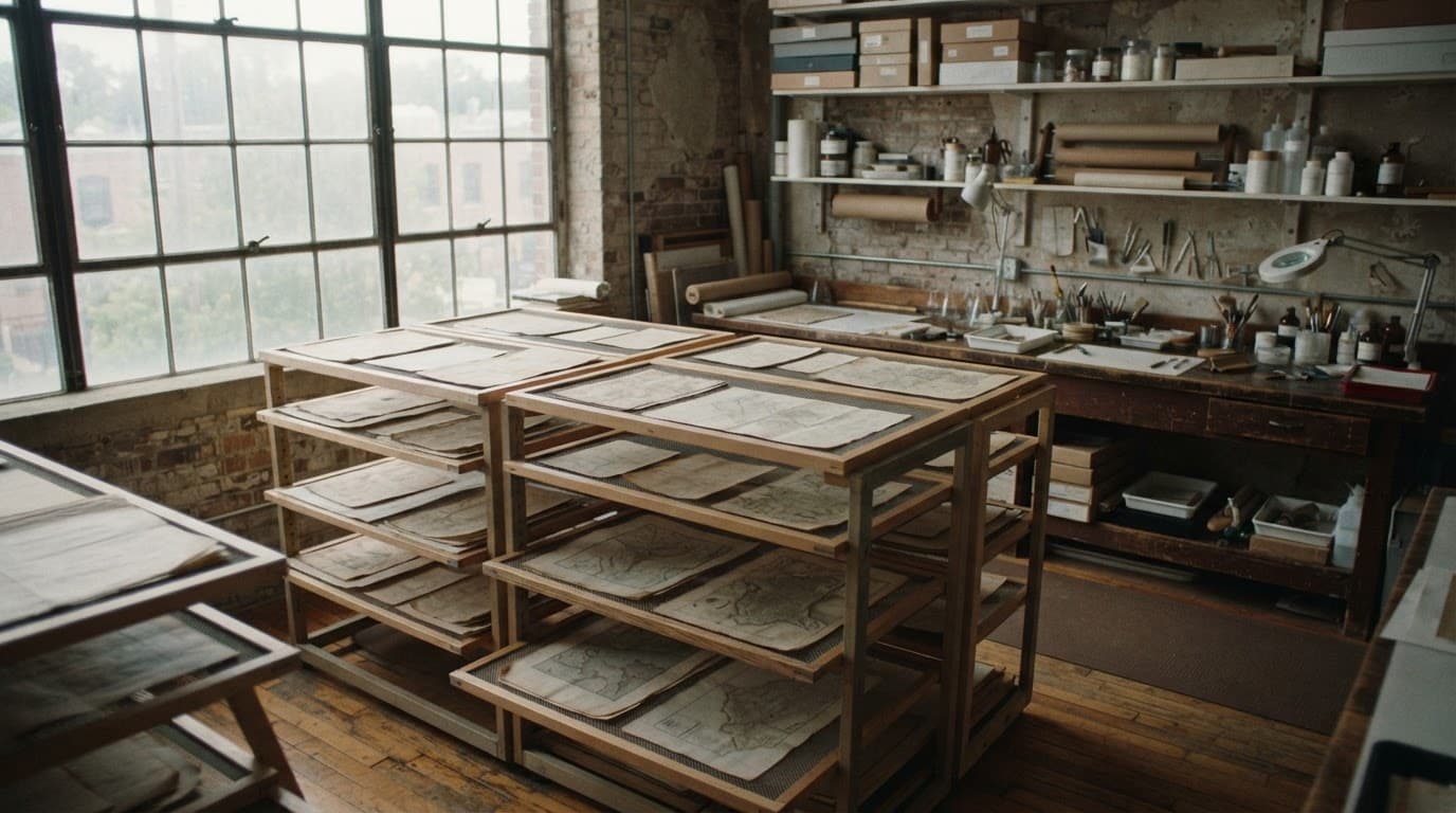 Metal drying racks and preservation tools inside a bright restoration workshop.