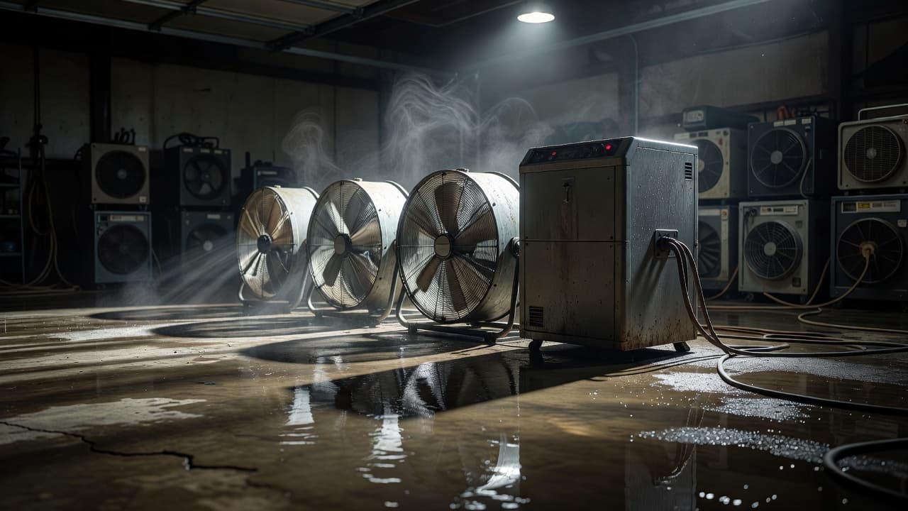 Industrial fans and a heavy-duty dehumidifier sit on a damp concrete garage floor. Focused lighting highlights the dark textures of the wet surface and the metal casing of the drying machines.