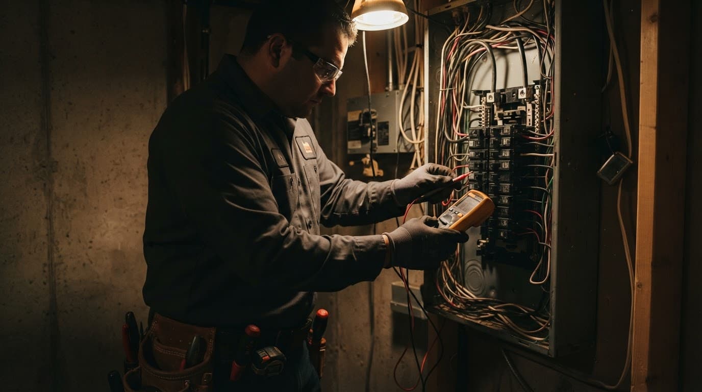 An electrician inspecting a home electrical breaker box with professional tools.