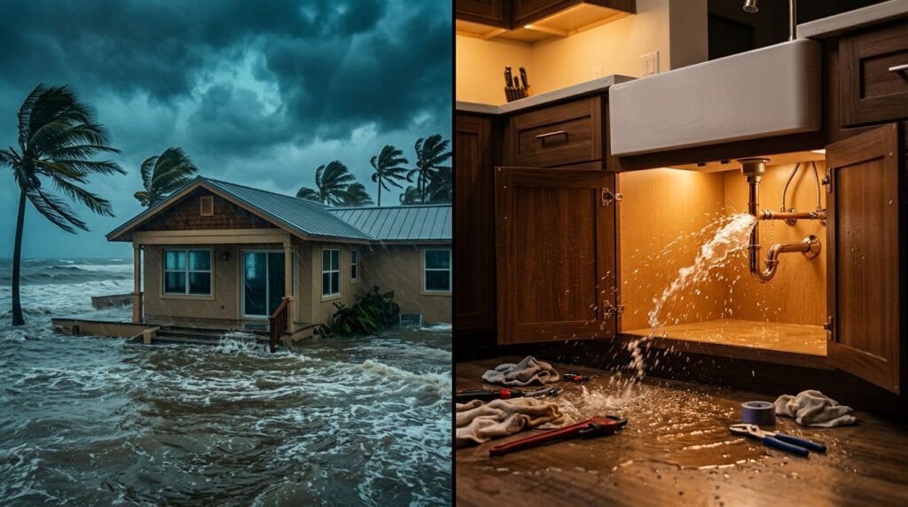 A flooded Florida home beside a kitchen sink leaking water from a burst pipe.