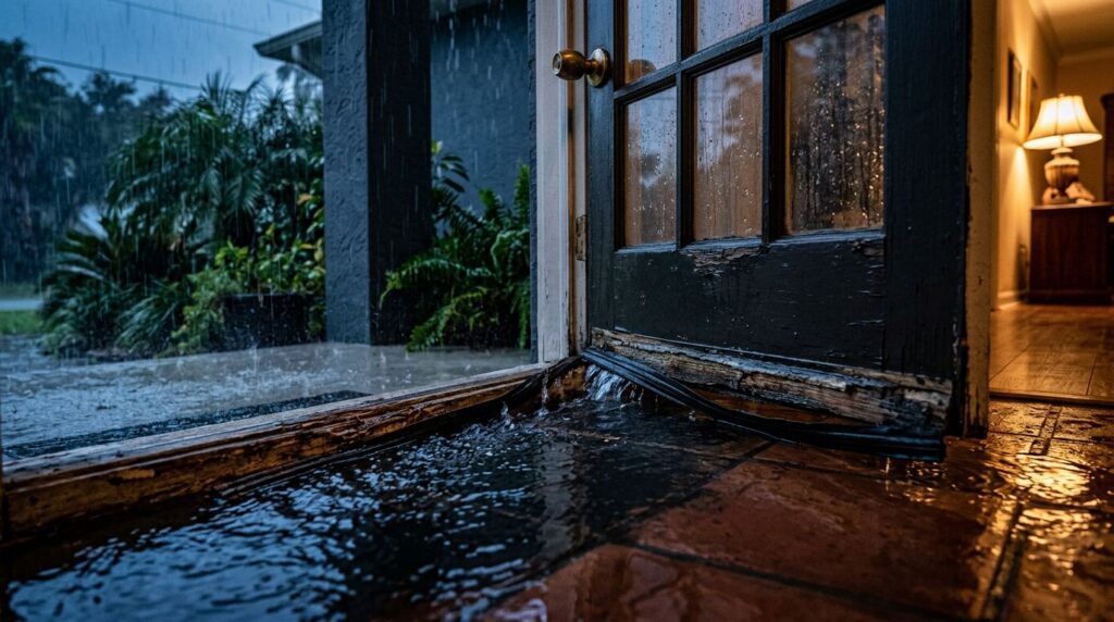 Water pooling beneath a home exterior door during heavy rain.