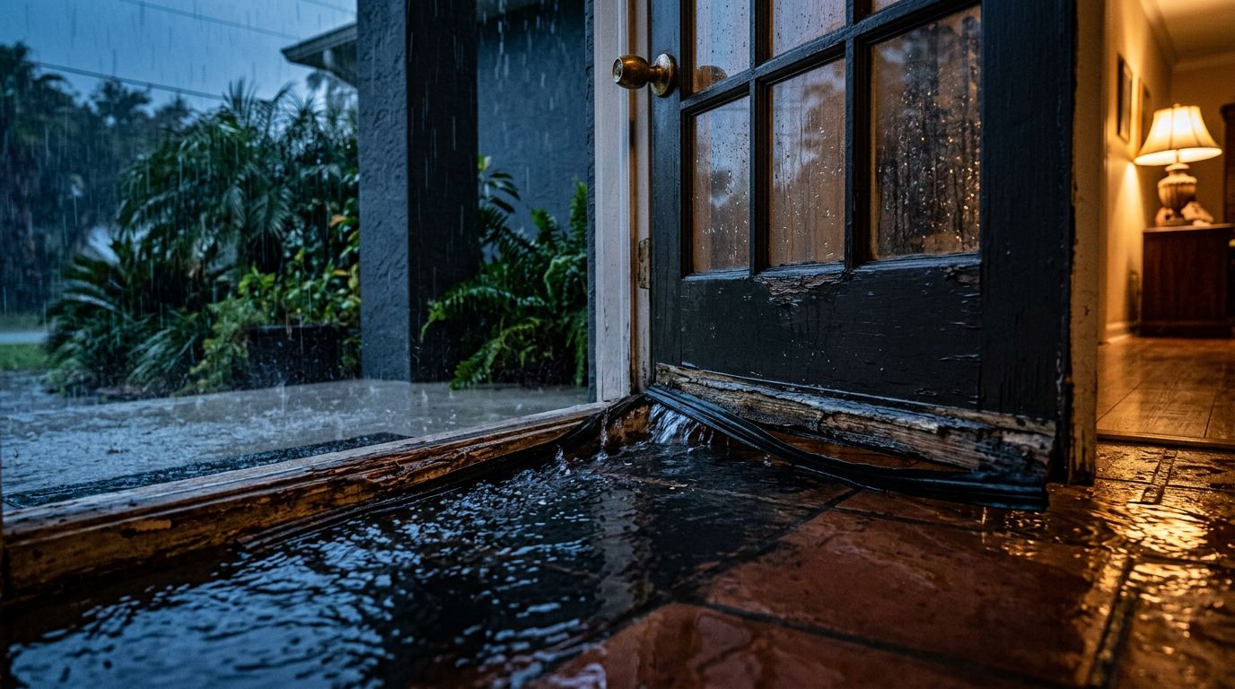 Water pooling beneath a home exterior door during heavy rain.