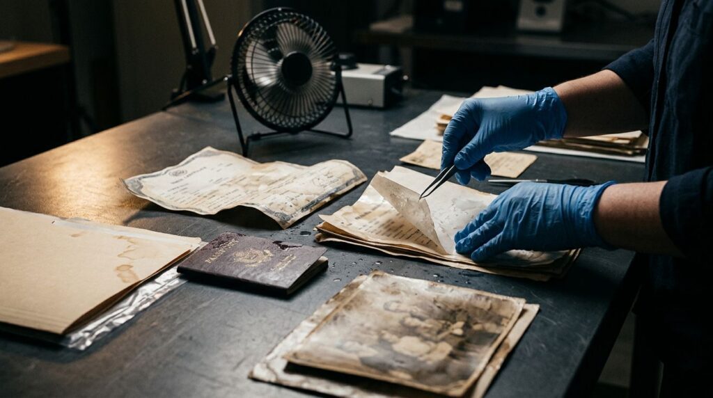Gloved hands carefully separate damp documents on a dark restoration table.