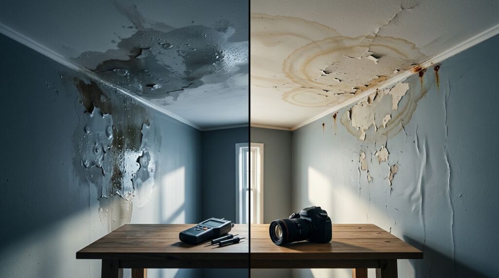 Split view of fresh and old water damage on a residential wall.