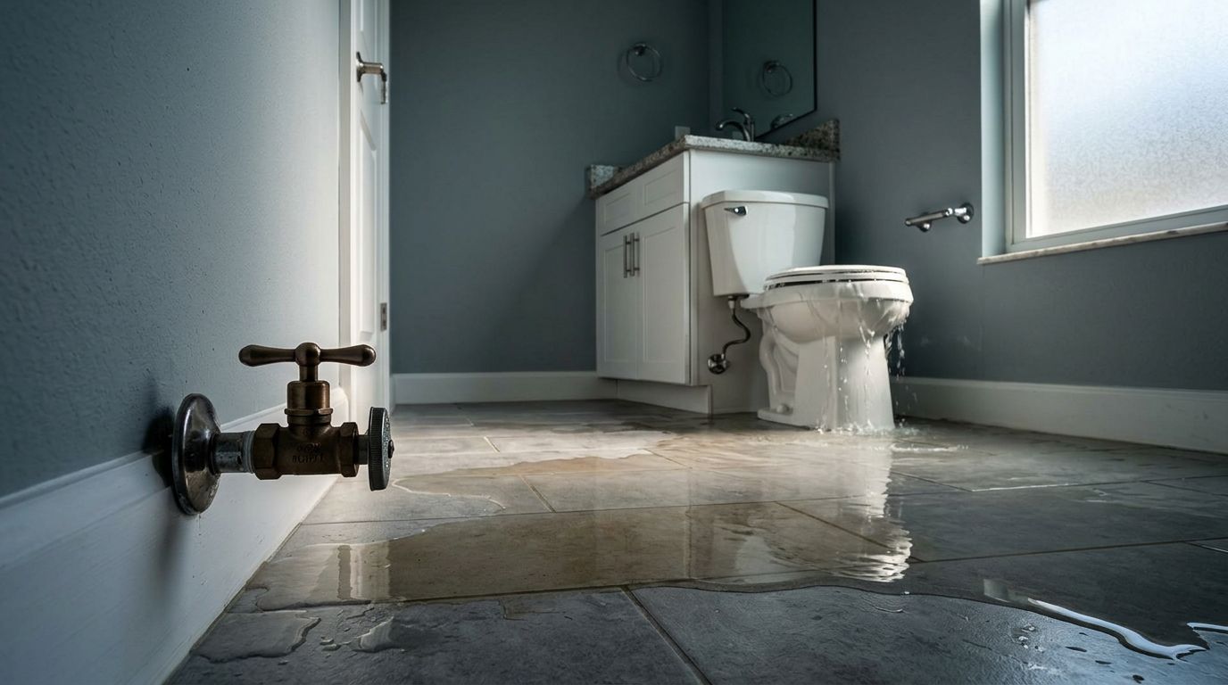 Water pooling on a modern bathroom floor from an overflowing toilet.