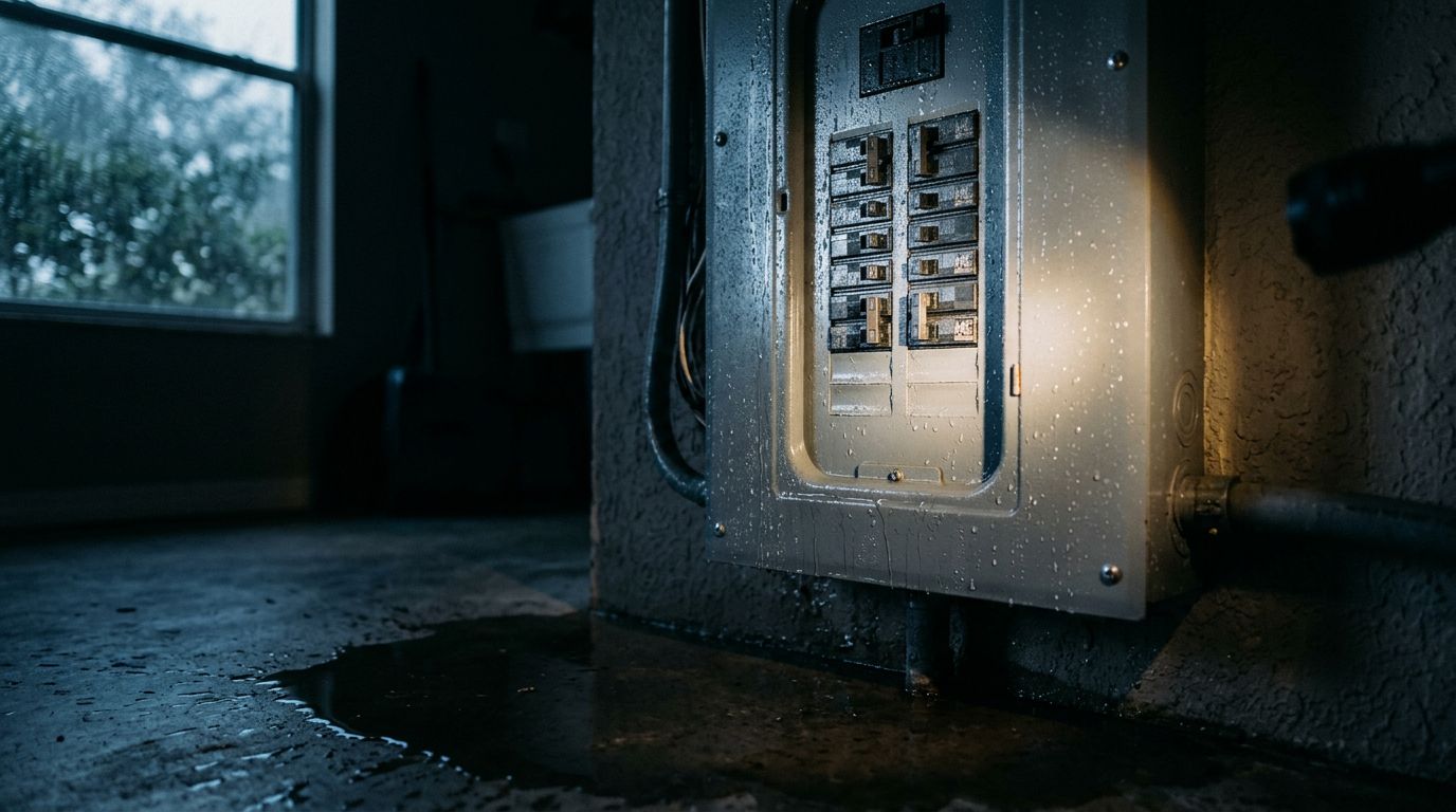 A wet residential electrical panel with water pooling on the floor below.