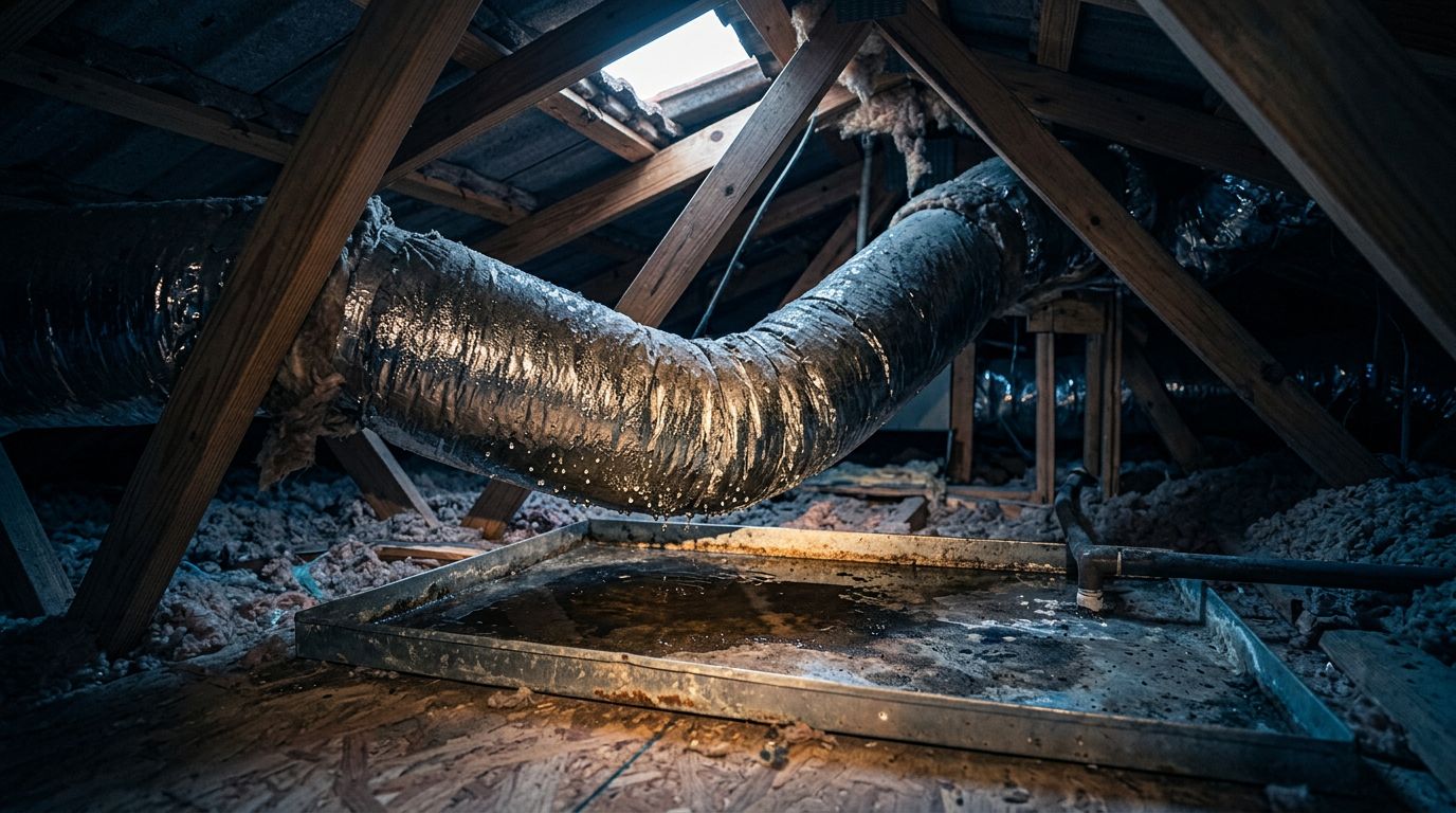 Water droplets and a small puddle beneath a sagging attic HVAC duct.