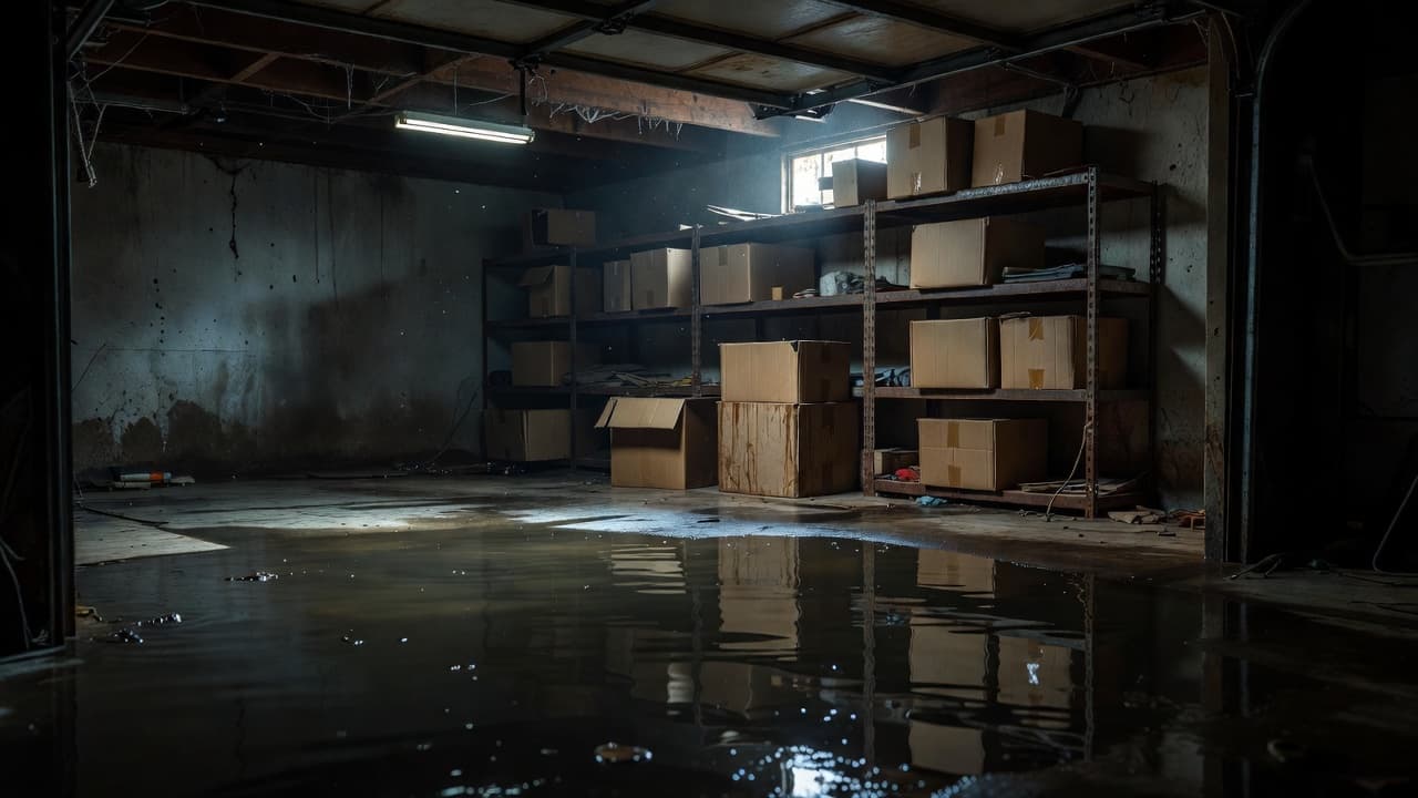 A concrete garage floor is submerged under several inches of murky water with clear reflections on the surface. Cardboard boxes sit on a metal shelf above the water line in moody light.