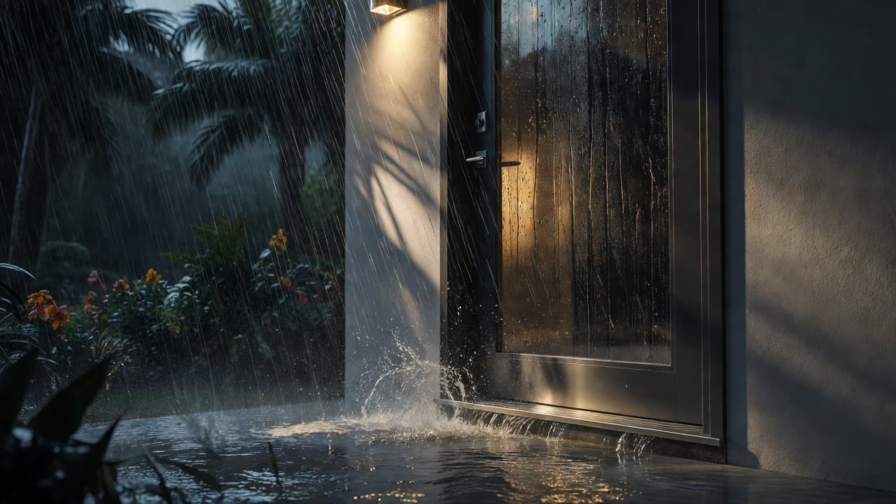 Heavy tropical rain splashing against a modern residential exterior door threshold during a storm.