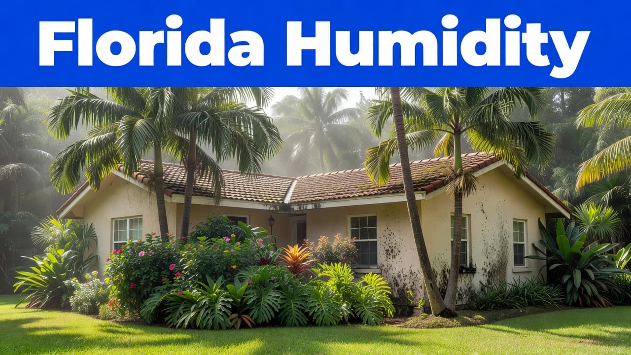 A residential Florida home stands surrounded by dense, vibrant palm fronds and tropical foliage. A misty atmosphere softens the bright daylight, suggesting the high moisture levels common in this southern climate.