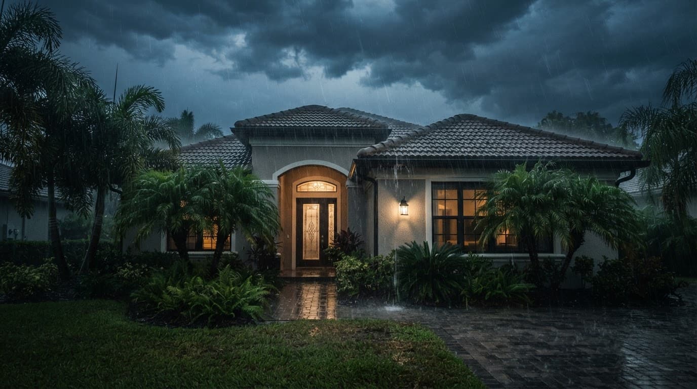 A Florida home exterior viewed during a heavy tropical rainstorm with wet landscaping.