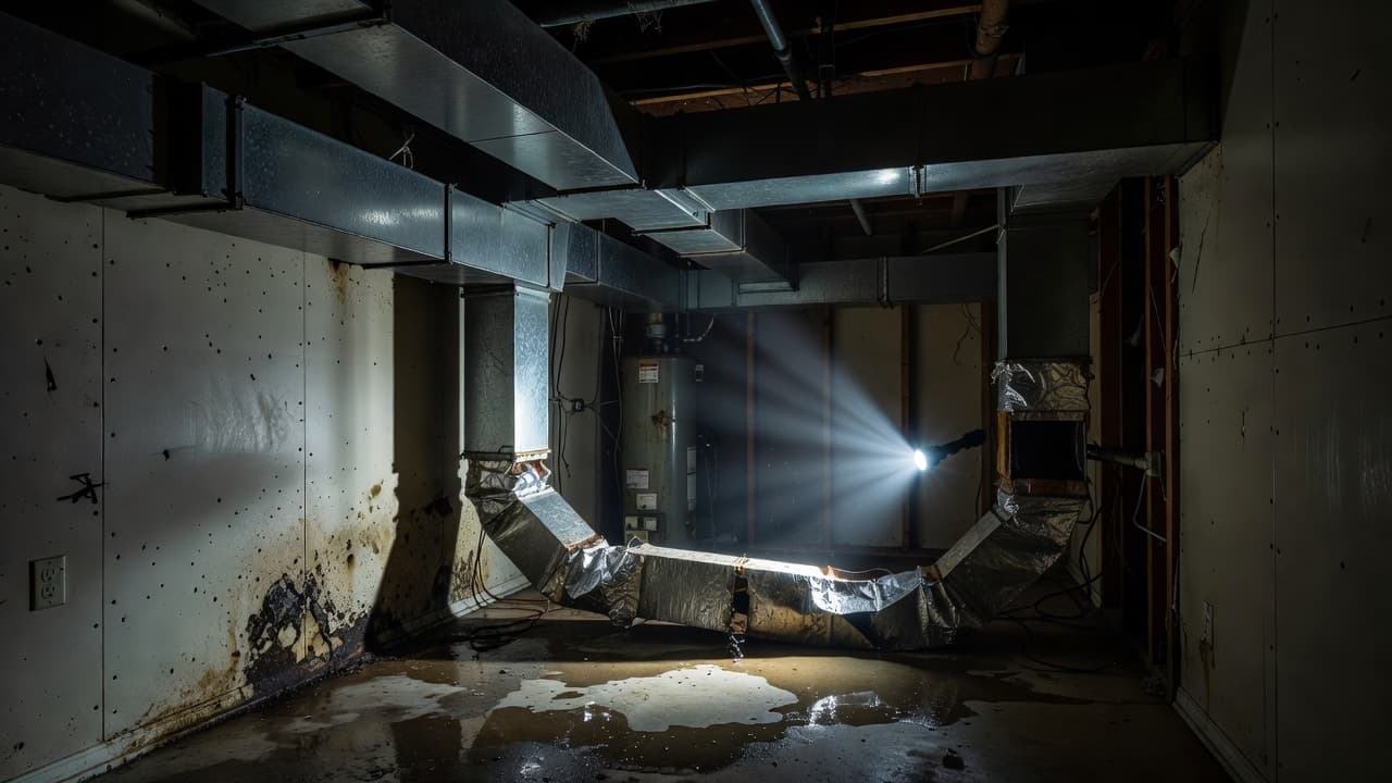 An HVAC technician inspects metal air conditioning ducts in a dark Florida utility closet.
