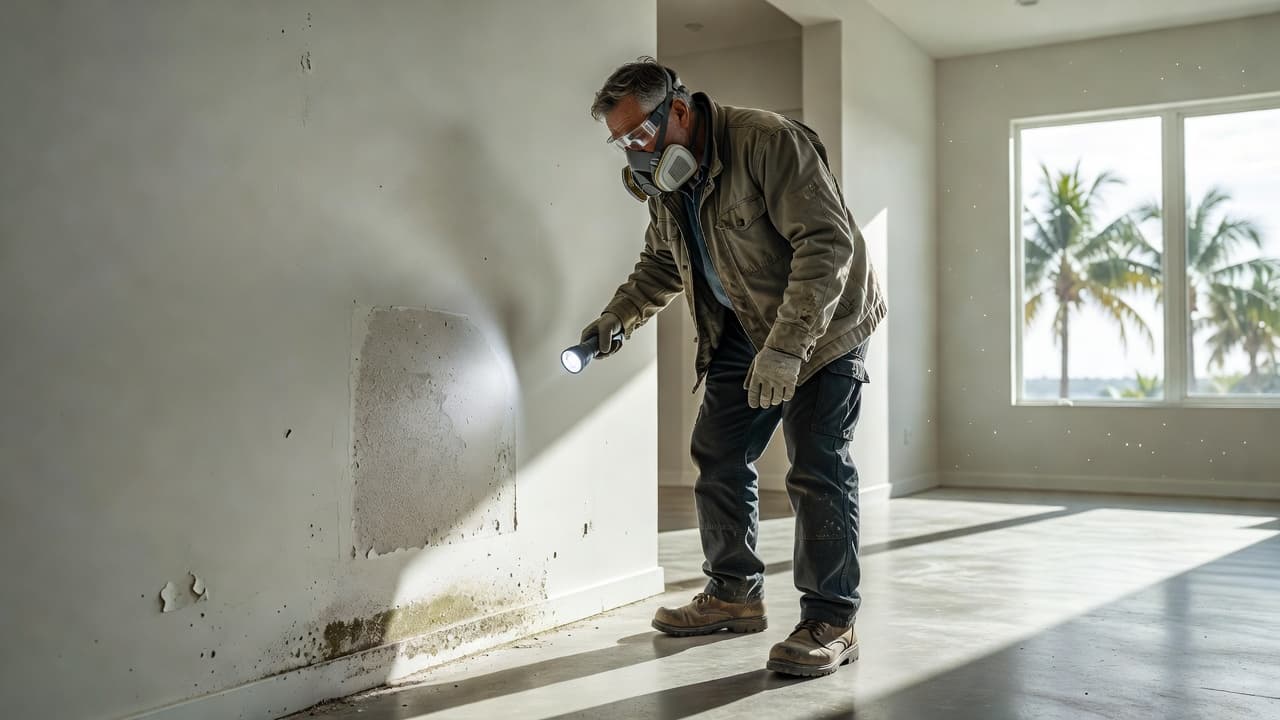 A professional inspector in work wear examines a bright home interior wall.