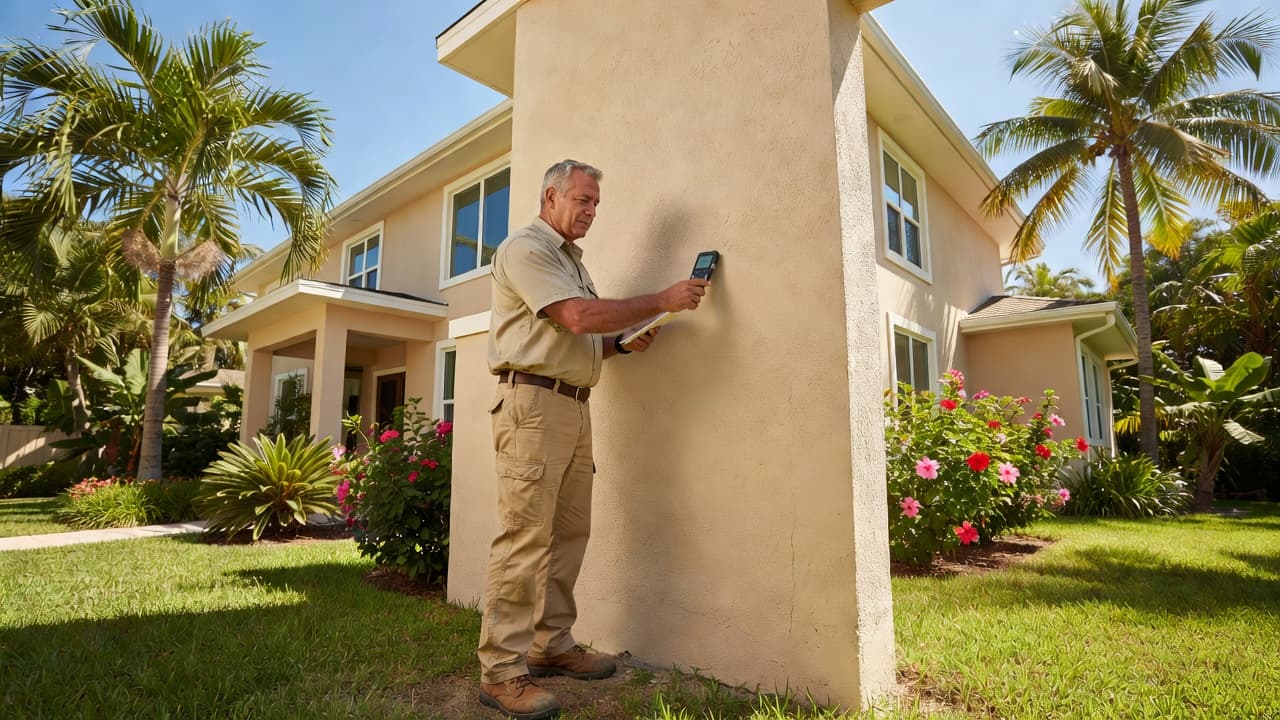 An inspector tests an exterior stucco wall for moisture with a digital meter.