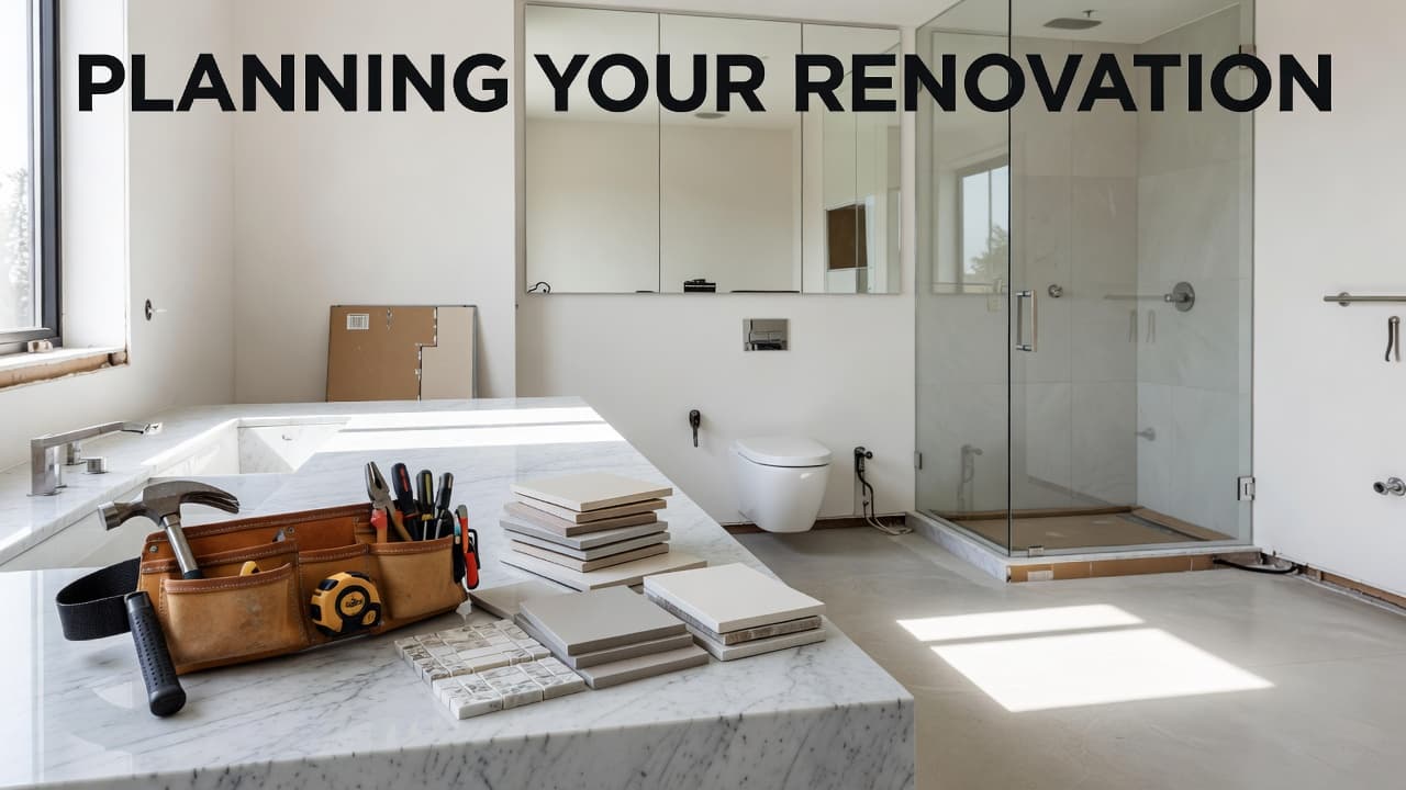 A worn brown tool belt lies atop a pristine white marble vanity in a partially finished bathroom. Various square tile samples are arranged neatly beside a chrome faucet and basin.
