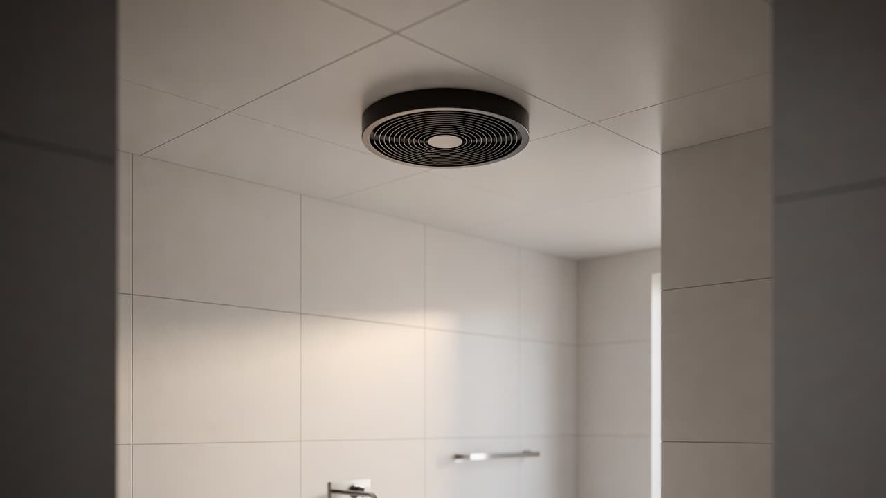 A sleek white ventilation unit is mounted against smooth, high-gloss mosaic wall tiles. The soft ambient lighting highlights the clean geometric lines of the fixture, emphasizing its role in moisture control.