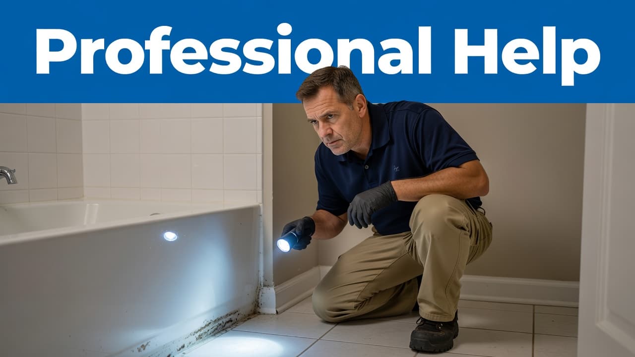 A focused inspector examines a residential wall corner using a bright flashlight to identify signs of mold. The clean, professional composition features a blue header banner labeled with bold sans-serif text.