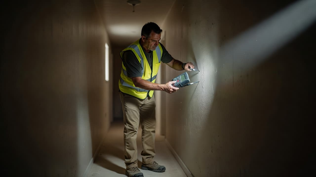 A safety-vested inspector points a digital moisture meter at a drywall surface in a dim hallway. The intense light highlights the wall texture and the precision tool in sharp detail.