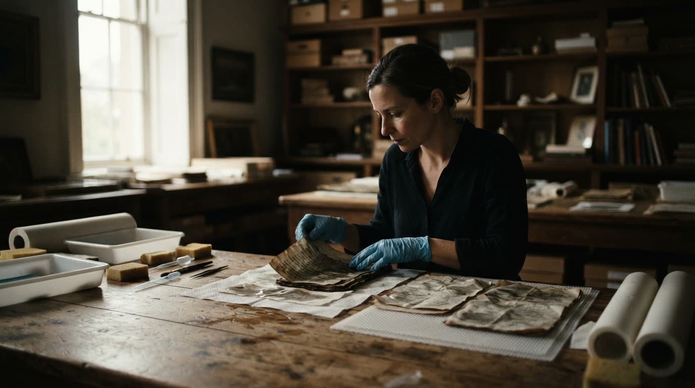 A person in protective gloves carefully inspects wet paper documents on a wooden table.