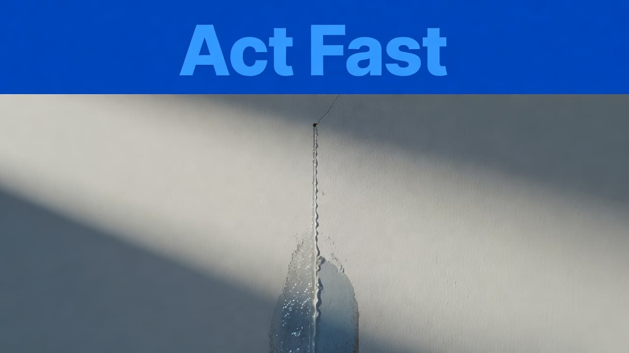 A close-up view of a damp, discolored patch on a wall showing moisture seepage. A bold blue banner with the headline Act Fast sits prominently at the top of the frame.