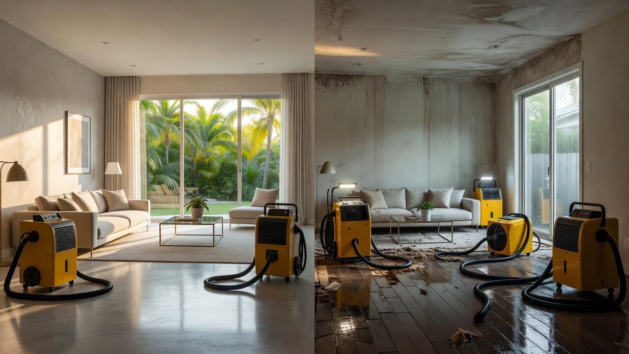 A split composition contrasts a pristine Florida living area with a water-damaged room containing damp carpeting and large industrial dehumidifiers. Dramatic lighting highlights the stark difference between healthy and flooded environments.