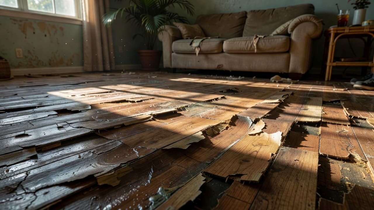 Sunlight streams across the living room floor, highlighting the warped edges and buckled seams of dark laminate planks. These distorted boards show clear signs of significant moisture exposure and indoor structural damage.