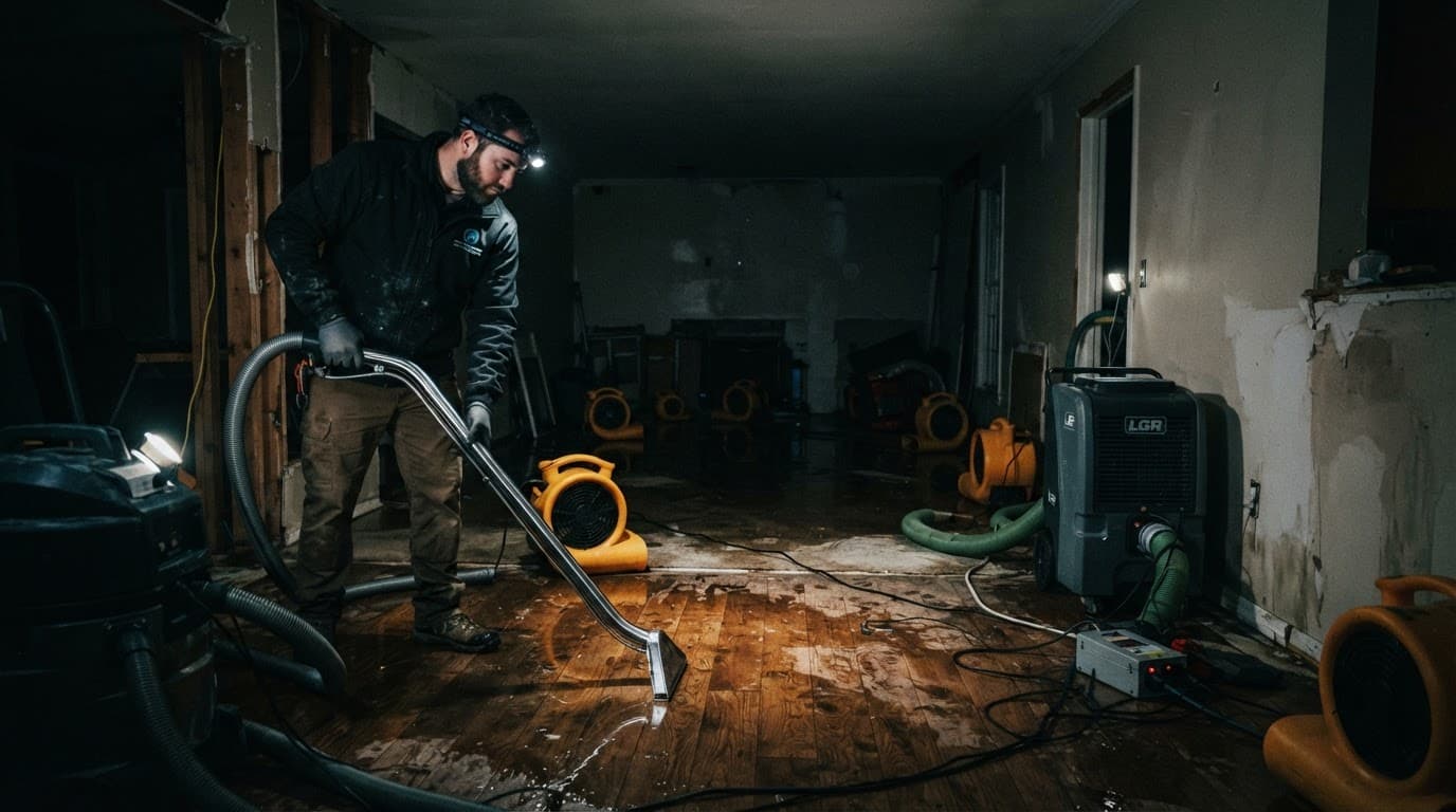 A technician monitors heavy-duty air movers drying a flooded residential room.