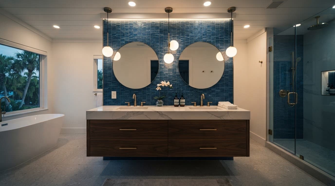 Modern bathroom with a double vanity, quartz counters, polished fixtures, and blue cabinetry.