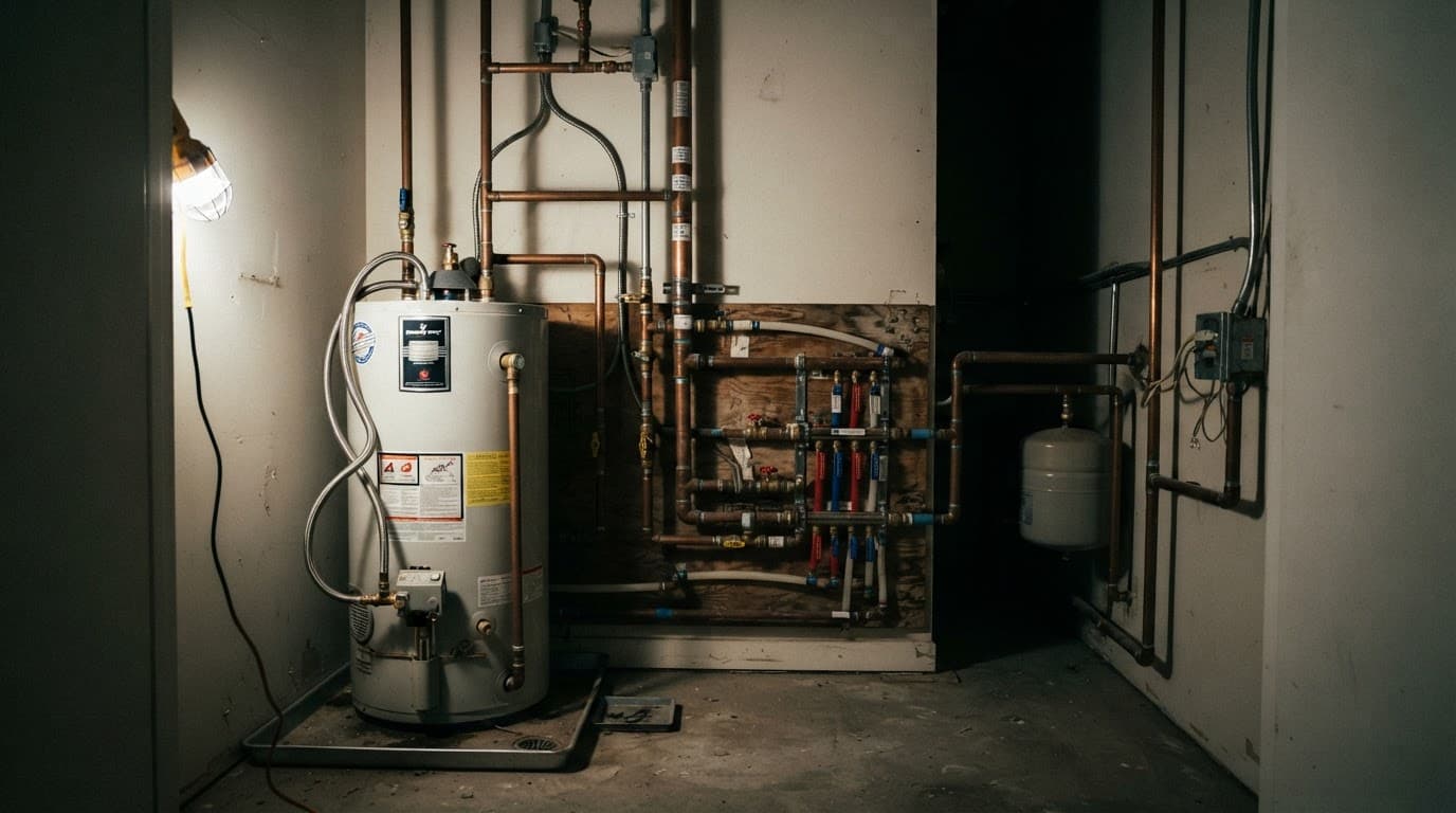 Copper pipes and a water heater inside a dim condominium utility closet.