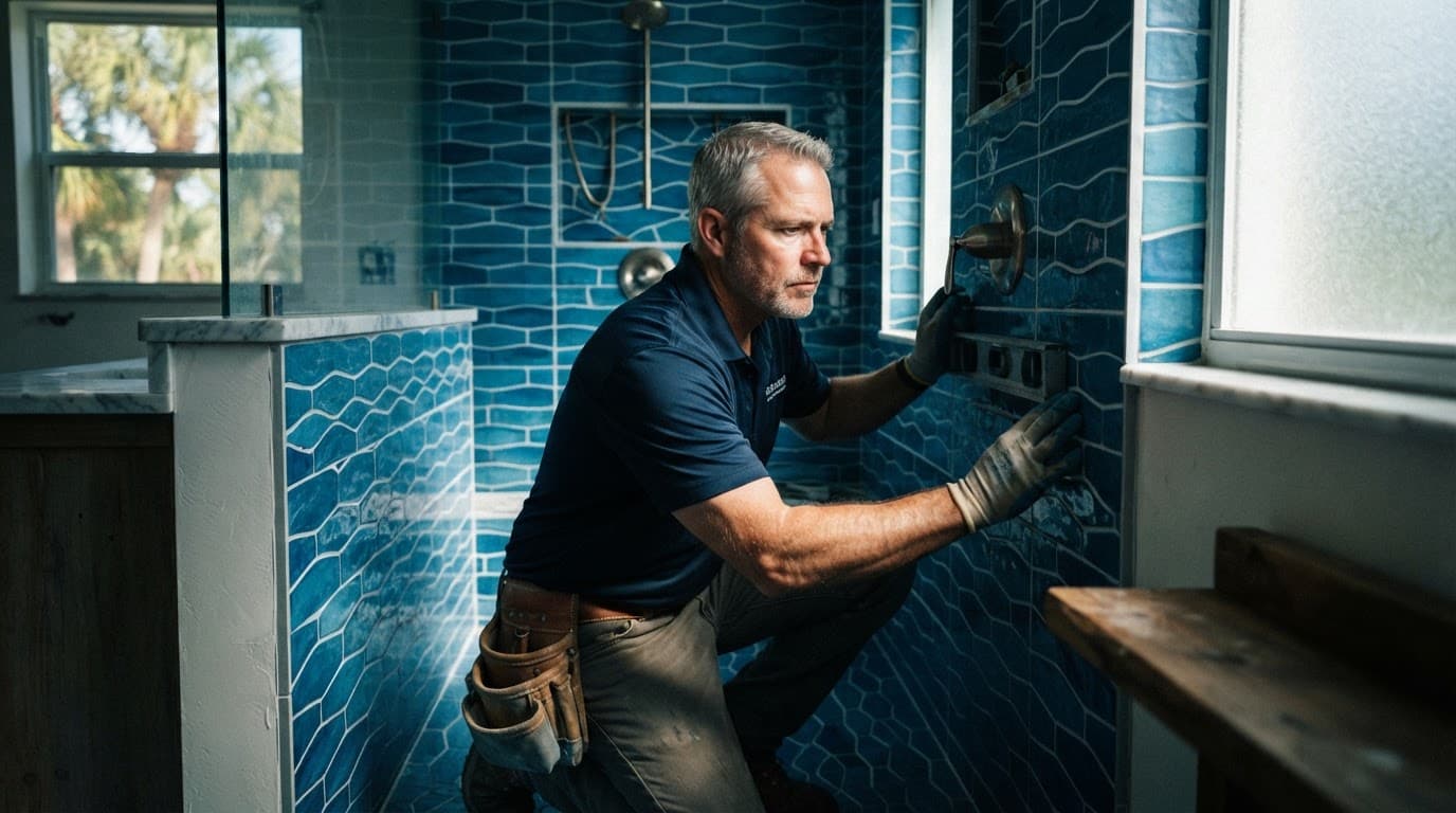A contractor inspects tile and plumbing in a blue-accented bathroom renovation.