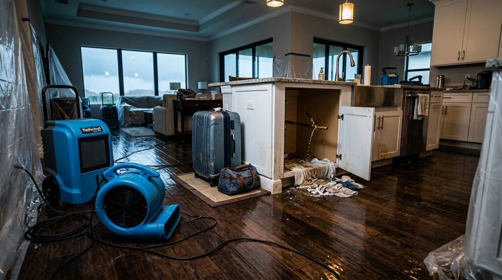 Wet floors, drying equipment, and packed luggage fill a damaged Naples kitchen.