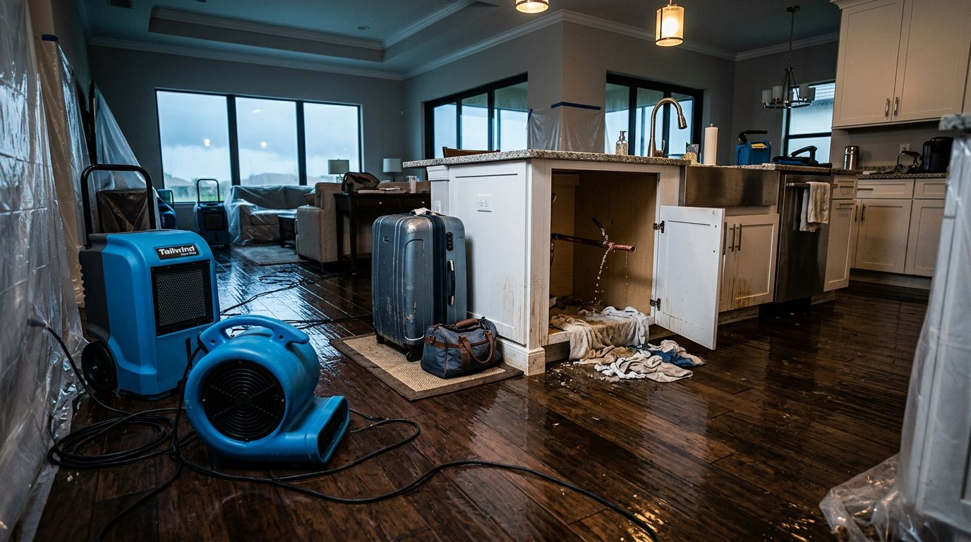 Wet floors, drying equipment, and packed luggage fill a damaged Naples kitchen.