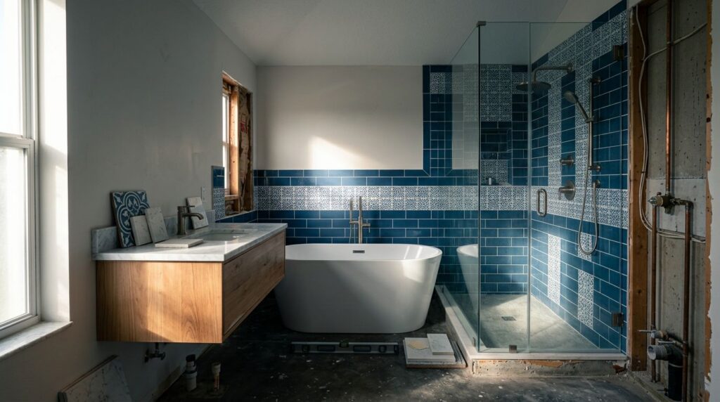 Coastal bathroom with a soaking tub, glass shower, and renovation samples.