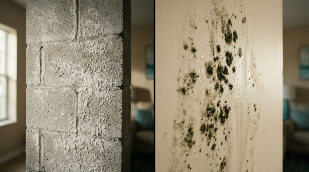 Split wall showing white efflorescence on concrete block and dark mold on painted drywall.