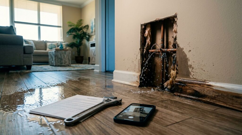 A burst pipe leaks beside condo papers, a wrench, and a phone on a wet floor.
