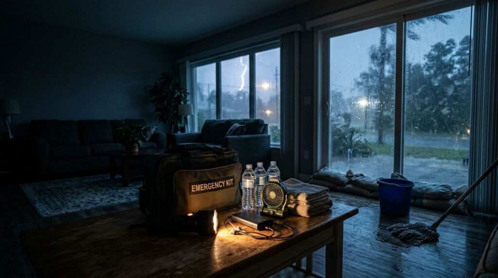 Emergency supplies sit beside a bucket and sandbags during a rainy power outage.