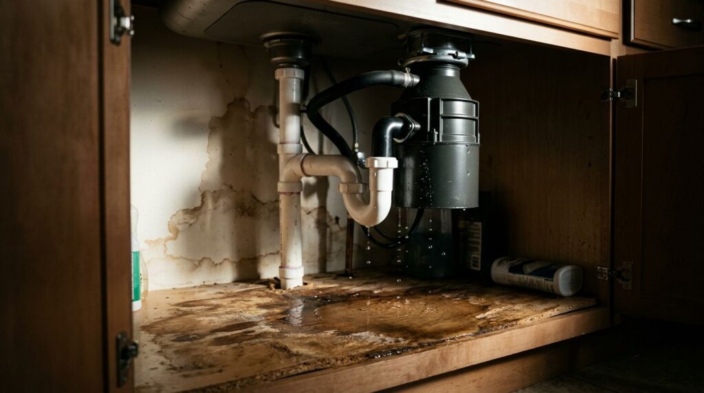 Leaking garbage disposal above a puddle inside a damp kitchen cabinet.