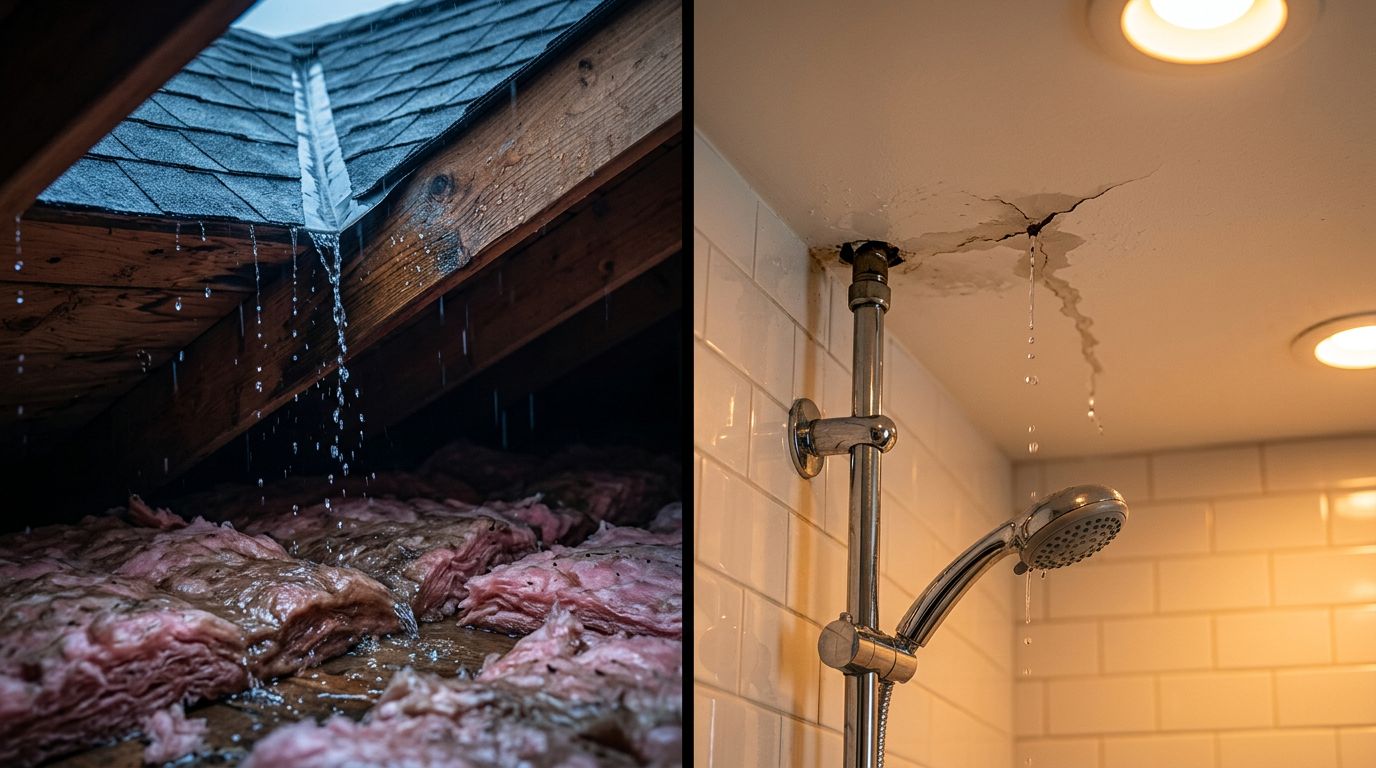 Split view of an attic roof leak and a bathroom pipe leak.
