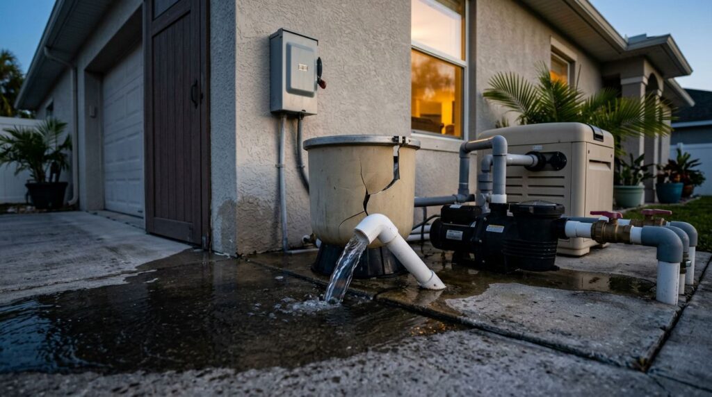 Leaking pool equipment leaves water across the concrete beside a pump and heater.