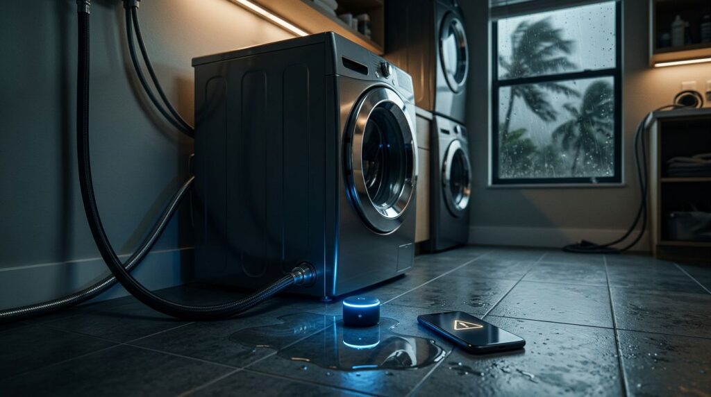 A glowing leak detector sits beside a washing machine hose and puddle.