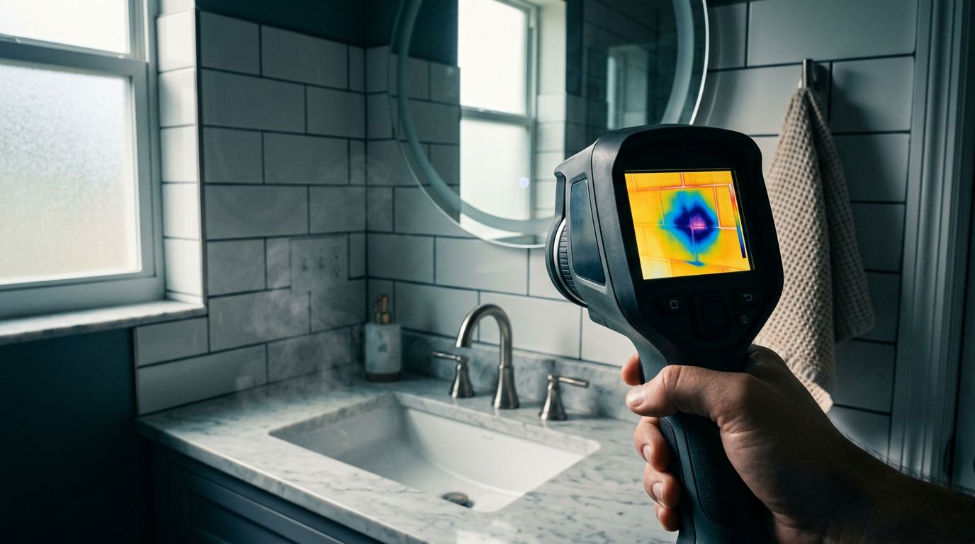 Thermal camera showing a cool patch on a tiled bathroom wall.