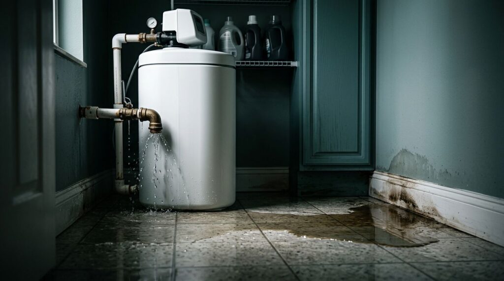 A leaking water softener sends water across tile flooring toward cabinets.