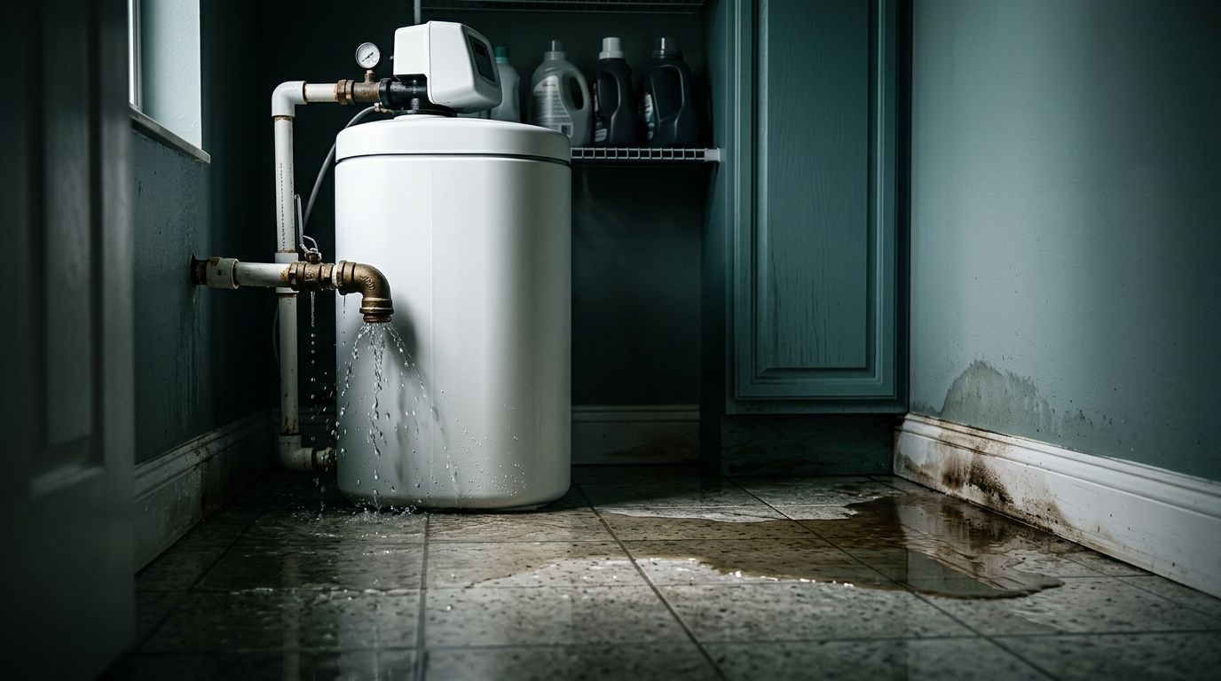 A leaking water softener sends water across tile flooring toward cabinets.