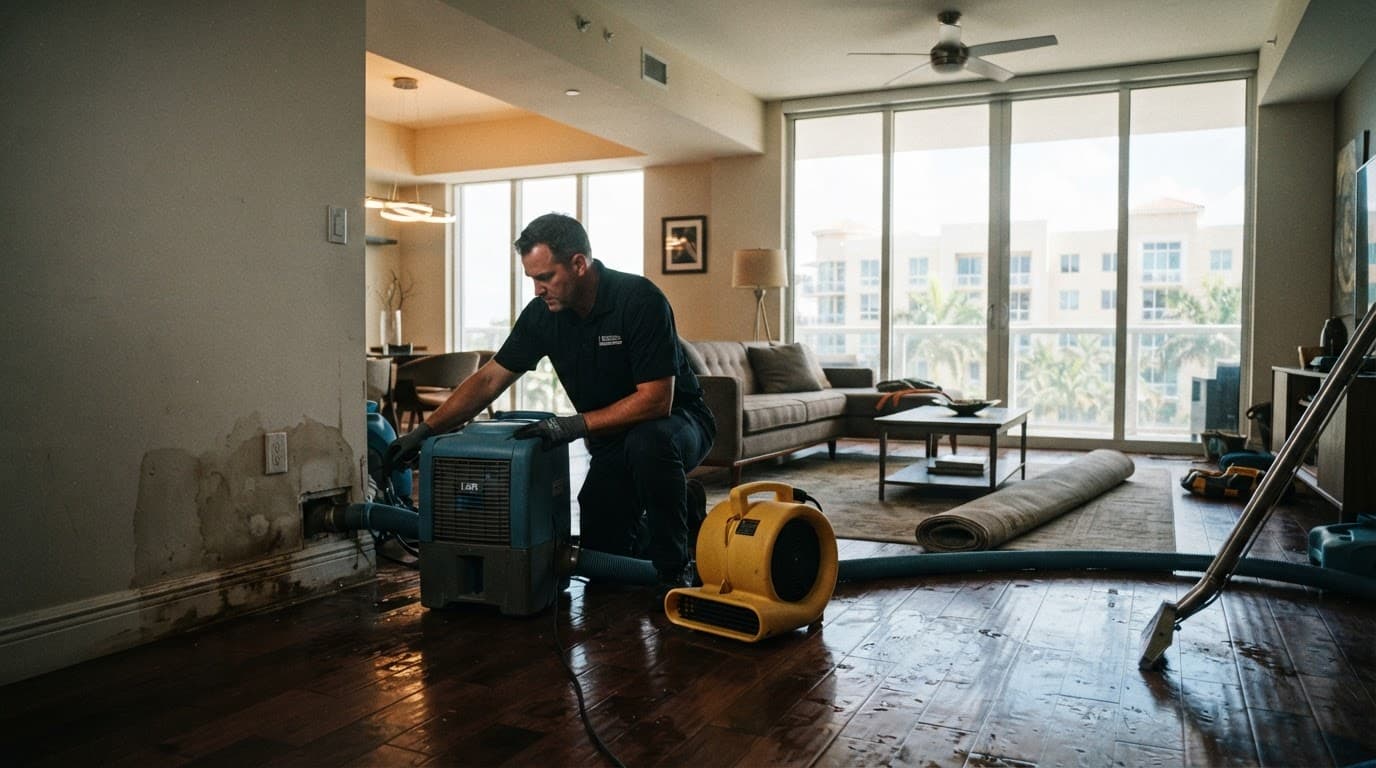 A restoration technician works on water damage in a modern condo living room.