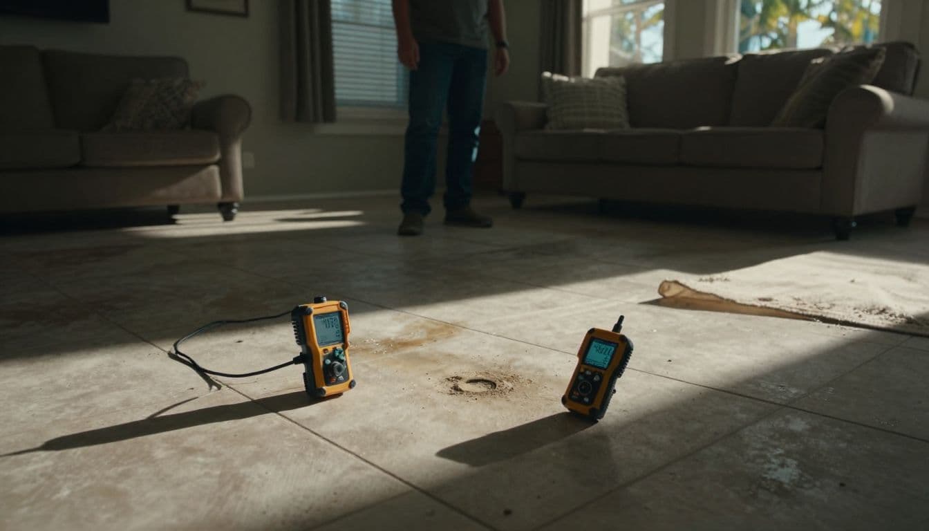An inspector checks water damage with moisture meters on a tiled living room floor.