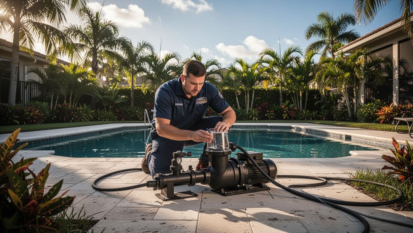 A technician inspects pool pump equipment beside a Florida backyard.